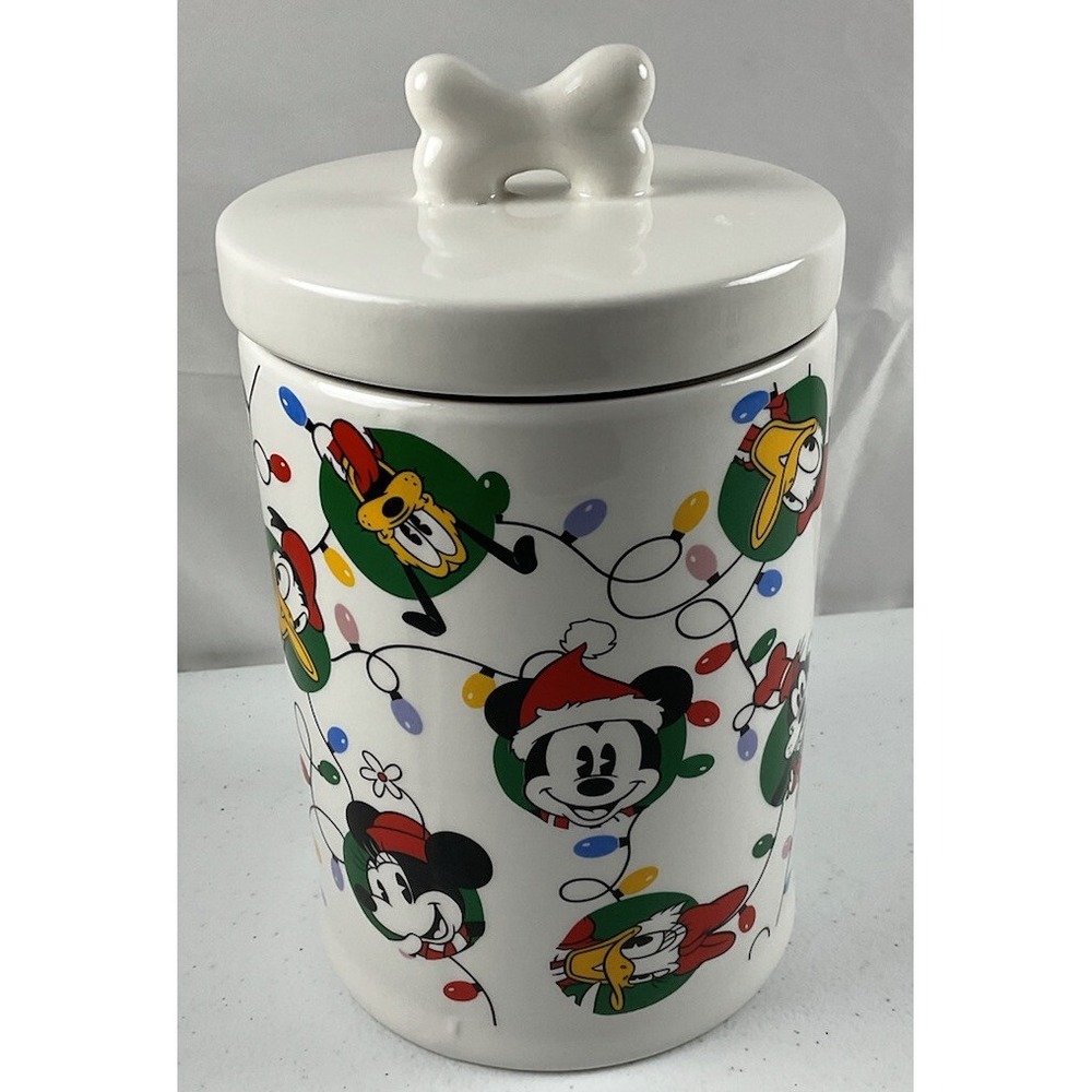 Disney Mickey And Friends In Xmas Lites Holiday Ceramic Canister With Lid